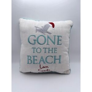 Gone to the Beach‎ Embroidered White Decorative Pillow Light Blue Trim